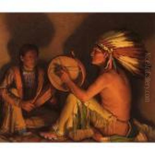 Firelight Chant Oil Painting by Joseph Henry Sharp