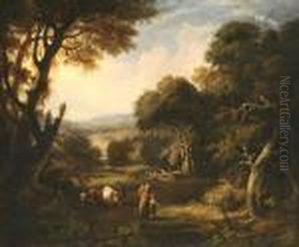 Herdsman Family In A Forest Glade Oil Painting by Snr William Shayer