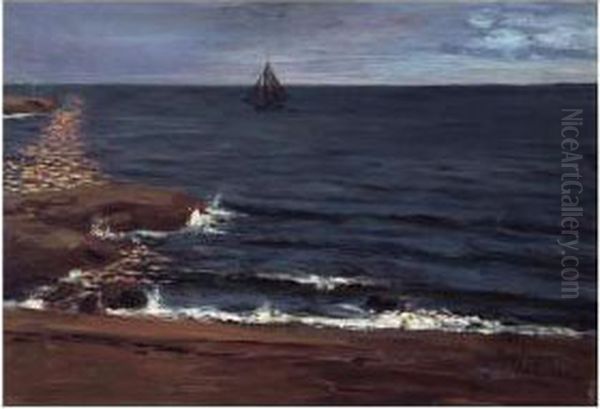 Merimaisema Kuun Valossa (seascape In Moonlight) Oil Painting by Hugo Simberg
