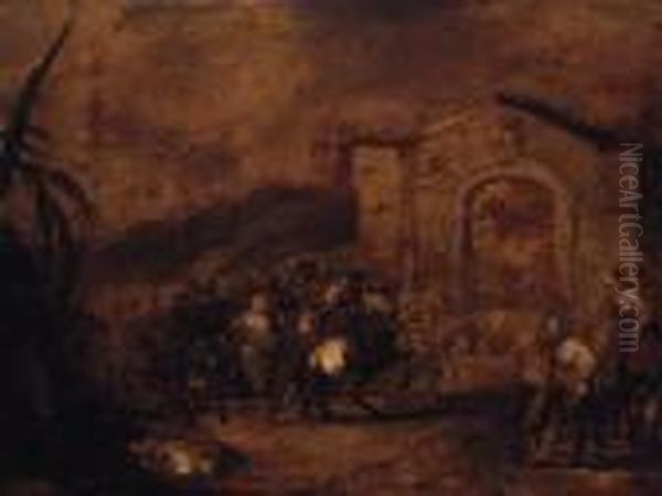 A Cavalry Skirmish Before A Classical Gateway Oil Painting by Francesco Simonini