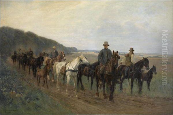 Pa Vej Til Heste Marked (going To The Horse Fair) Oil Painting by Simon Simonson