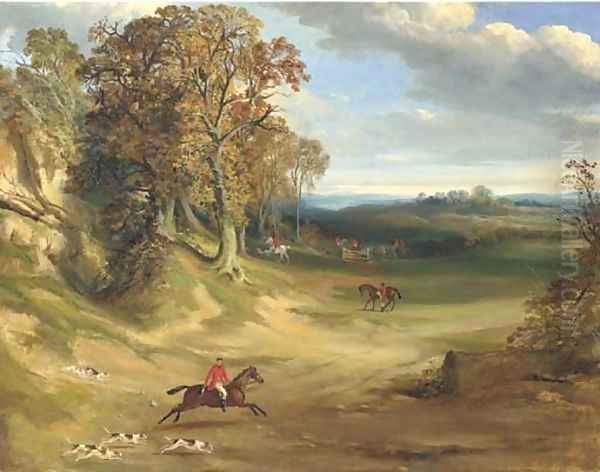 A hunting scene, in a wooded landscape Oil Painting by English School