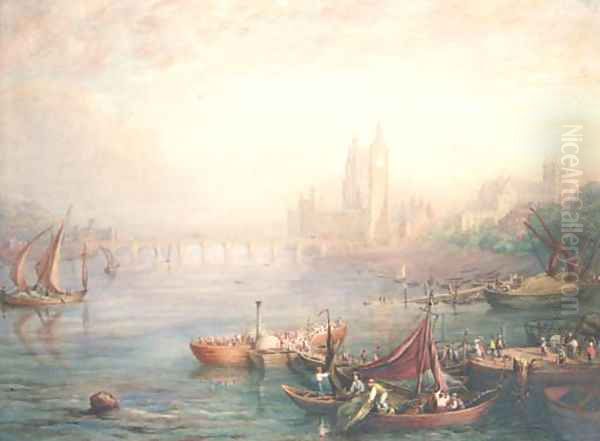 Figures on barges in a capriccio of London, with a view of the Houses of Parliament, St Margarets Westminster and Westminster Abbey Oil Painting by English School