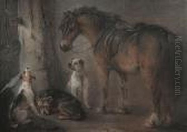 Three Dogs And A Chestnut Pony In A Stable Oil Painting by Edward Robert Smythe