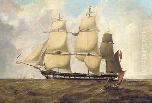 A rowing-boat approaching a three-masted vessel in open sea Oil Painting by English School