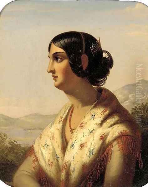 Portrait of a lady, bust length, in profile, a shawl draped over her shoulders, in an Italianate landscape Oil Painting by English School