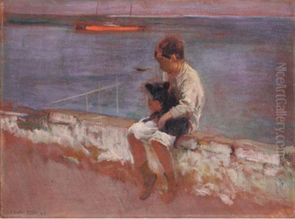 Joaquin Con Su Perro (joaquin With His Dog) Oil Painting by Joaquin Sorolla Y Bastida
