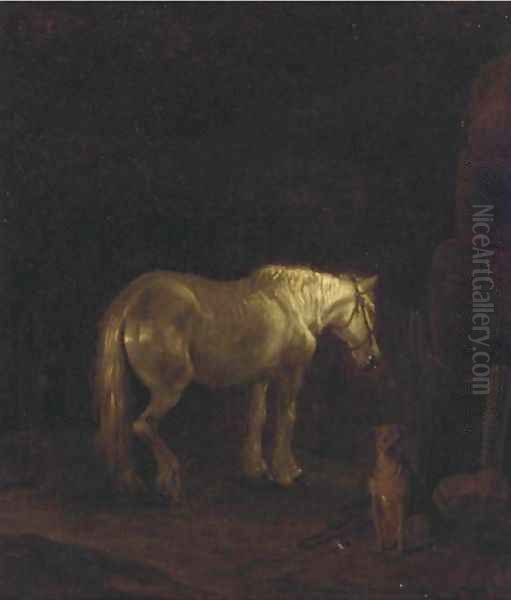 A horse and dog in a dark landscape Oil Painting by English School