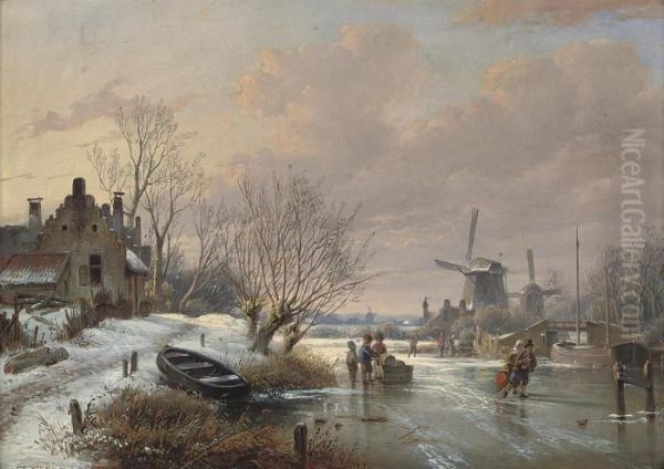 Ice Skaters At The Windmill Oil Painting by Jan Jacob Coenraad Spohler