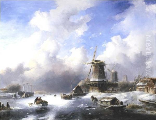 A Frozen Winter Landscape With Windmills Oil Painting by Jan Jacob Coenraad Spohler