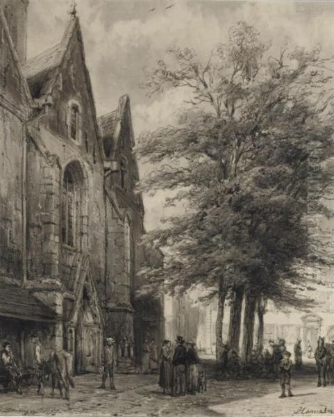 Elegant Townspeople In Front Of The The St. Joseph Church, Hameln Oil Painting by Cornelis Springer