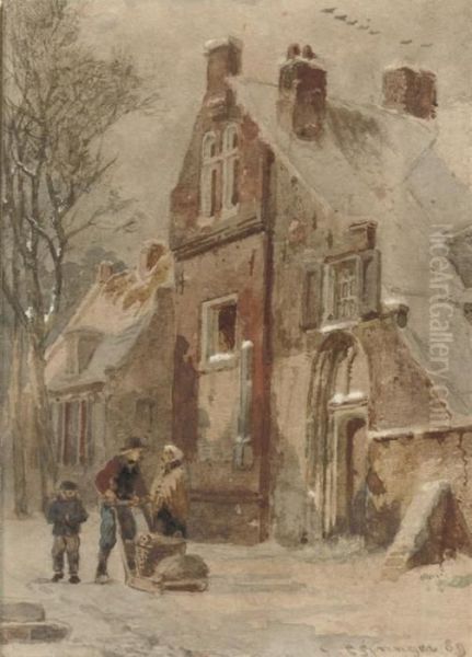 Figures On A Snow-covered Street, Hasselt Oil Painting by Cornelis Springer
