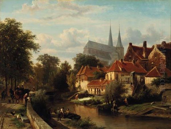 A Summer's Day In Deventer With 
Figures On The Town-wall, The Bergkerk Towering In The Distance Oil Painting by Cornelis Springer