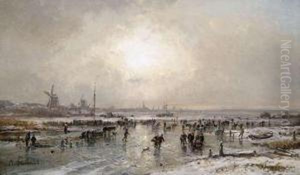 Wintry Landscape With Skaters, 
In The Background A Dutch Town Silhouette Oil Painting by Adolf Stademann