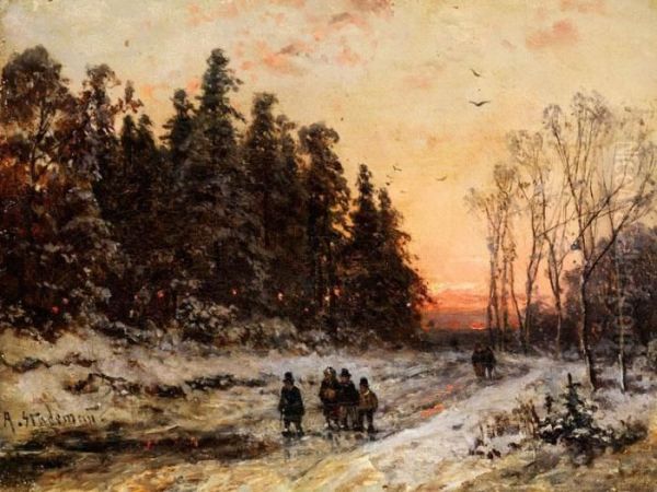 Der Winterspaziergang Oil Painting by Adolf Stademann