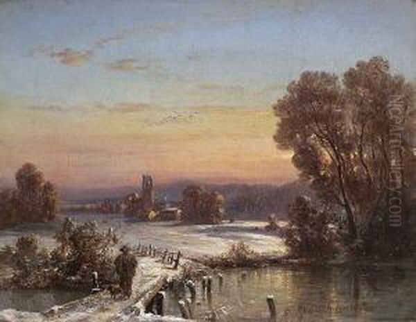 Jager Mit Hund In
 Winterlandschaft. Oil Painting by Adolf Stademann