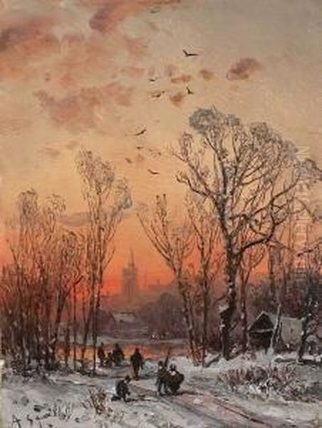 Winterlandschaft In Der
 Dammerung. Oil Painting by Adolf Stademann