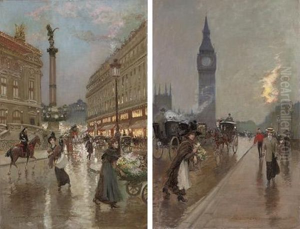 The Opera, Paris; And Westminster Bridge, London Oil Painting by Georges Stein