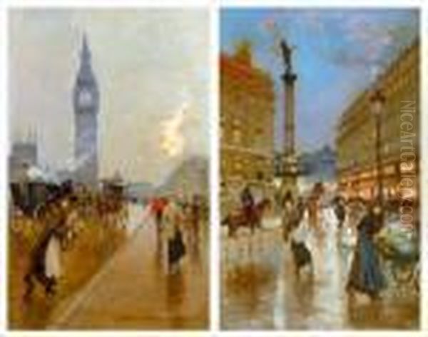 Animation Pres De Big Ben - Marchande De Fleurs Devant
 L'opera. Oil Painting by Georges Stein