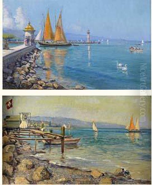 Georges Stein (1870-?), Labarque Du Leman Sur Les Rives De Geneve Oil Painting by Georges Stein