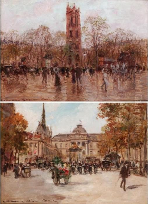Le Palais De Justice, Paris; Tour St Jacques, Paris Oil Painting by Georges Stein