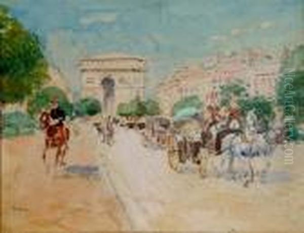 Horsedrawn Carriages With The Arc De Triomphe In The Background Oil Painting by Georges Stein