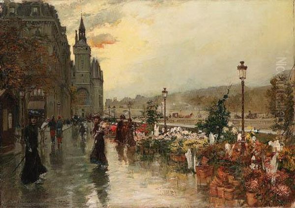 Le Quai Aux Fleurs A Paris Oil Painting by Georges Stein