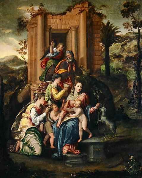 The Holy Family surrounded by Saints Oil Painting by Sigismondo (Mondino) Scarsellino