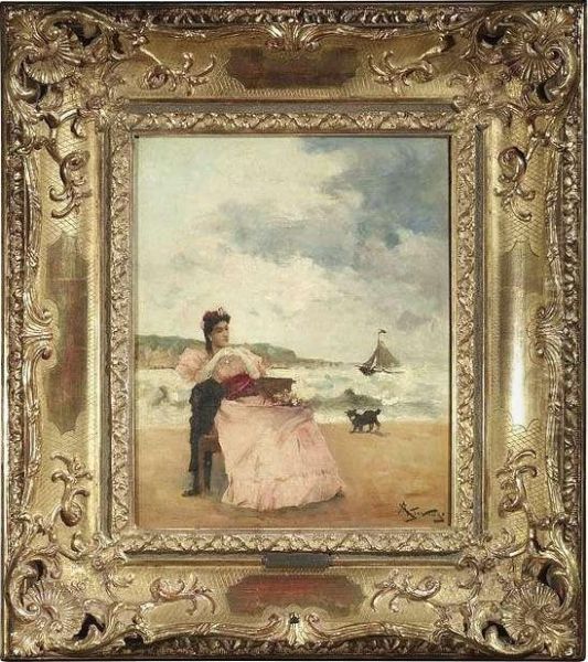 An Elegant Ladysitting At The Beach Oil Painting by Aime Stevens
