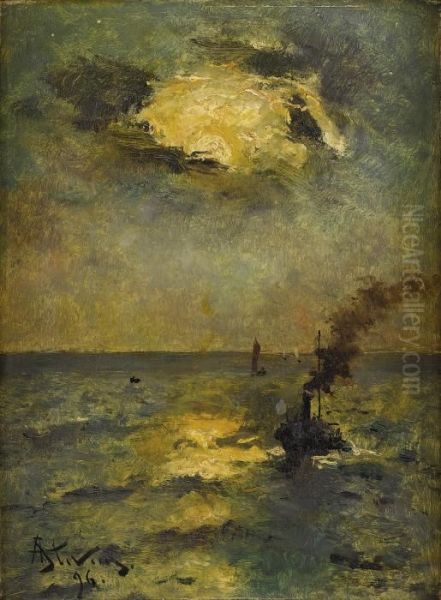 Ships, Sun Breaking Through Clouds Oil Painting by Aime Stevens