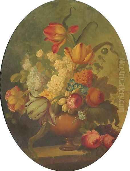 Flowers in a vase on a stone ledge Oil Painting by French School