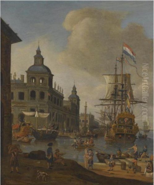 A Capriccio View Of A 
Mediterranean Harbour With A Dutch Merchantship, Elegant Figures On The 
Quay And Men Unloading Their Ware Inthe Foreground Oil Painting by Abraham Storck