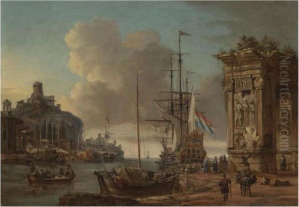 A Mediterranean Harbour Scene 
With A Dutch Man O' War At Anchor,with Orientals Conversing In The 
Foreground Beneath A Romantriumphal Arch Oil Painting by Abraham Storck