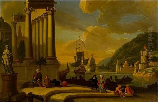 A Mediterranean Harbour With 
Stevedoresresting Before Ruins And Elegant Figures On The Quay Oil Painting by Abraham Storck