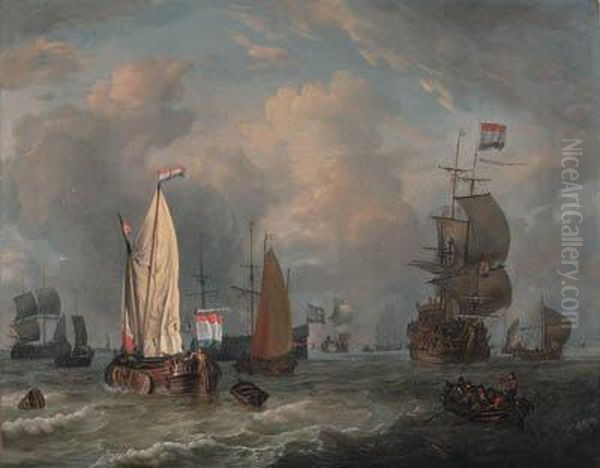 A Smalschip, A Boeier Yacht, A Dutch Frigate And Other Shipping Inchoppy Seas Oil Painting by Abraham Storck