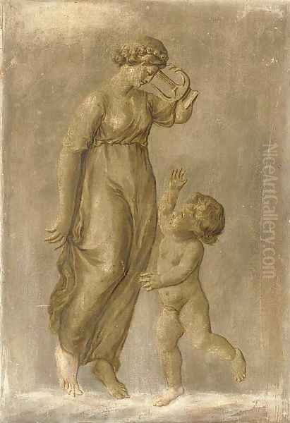 Nymphs with lyres and putti Oil Painting by French School