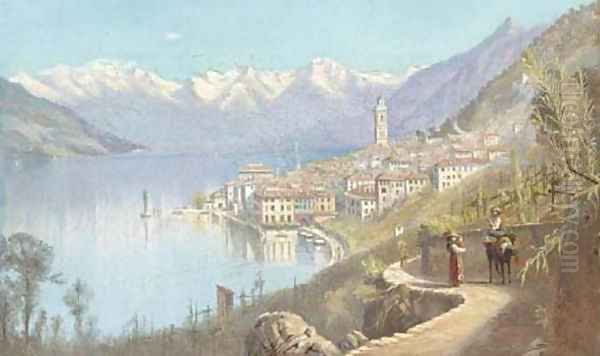 Peasants on a track above an Italianate lakeside town Oil Painting by Italian School