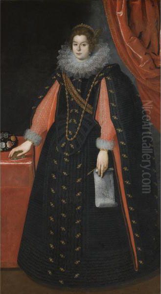 Portrait Of A Lady, Probably 
Maria Maddalena Of Austria, Standingfull Length, Wearing A Black Dress 
With An Ornate Lace Collar Andholding A Drawing Of Mary Magdalene Oil Painting by Justus Sustermans