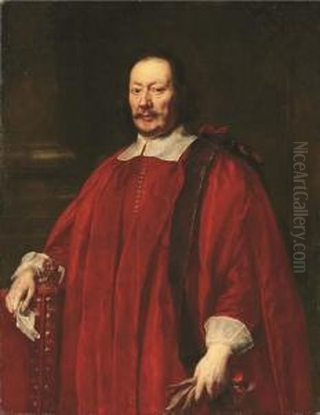 Portrait Of A Gentlemen, 
Three-quarter-length, In Crimson Robes Of Office, Resting His Right Hand
 On A Chair With A Letter, And Gloves In His Left Hand Oil Painting by Justus Sustermans