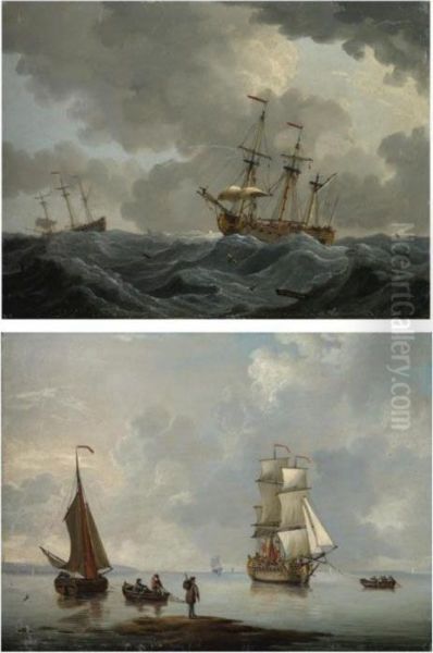A British Man Of War Being Towed To Anchor; Two Frigates In An Approaching Storm Oil Painting by Francis Swaine