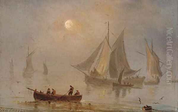 Shipping in a calm, moonlight (illustrated); and Shipping in a swell by moonlight Oil Painting by Dutch School