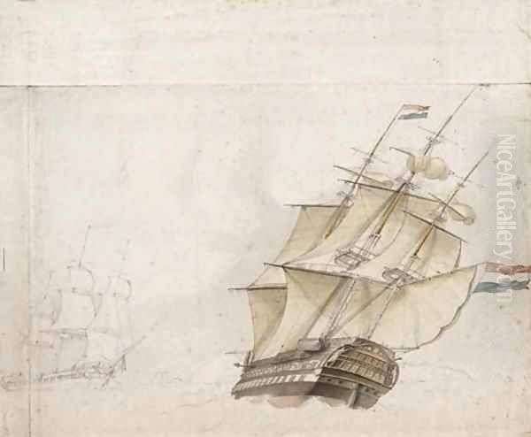 Two Dutch frigates in a high wind Oil Painting by Dutch School