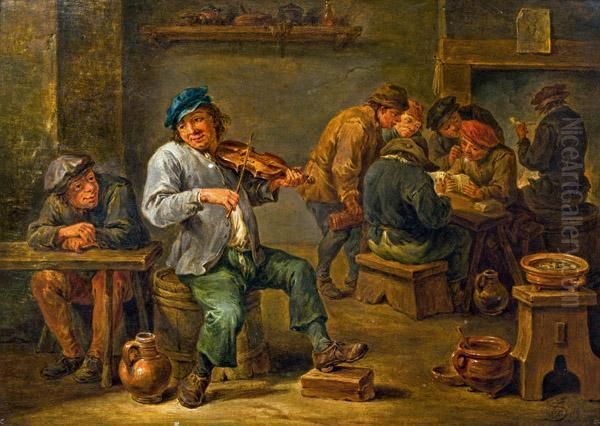 Interieur Eines Wirtshauses Mit Geigenspieler Und Kartenspielendenbauern Im Hintergrund Oil Painting by David The Younger Teniers