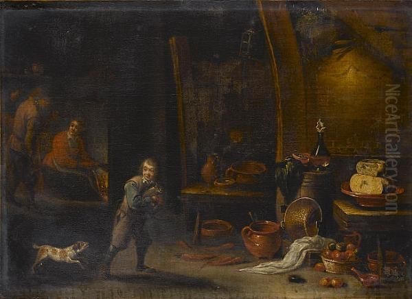 A Kitchen Interior With A Boy 
Holding A Cat In The Foreground, A Maid Cooking Beside A Fire And Other
 Figures Beyond Oil Painting by David The Younger Teniers