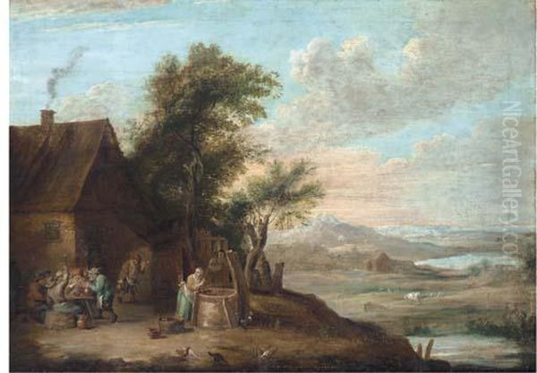 A River Landscape With Peasants 
Smoking And Drinking Outside Aninn, With A Women Getting Water From A 
Well Oil Painting by David The Younger Teniers