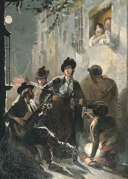 Musicians playing a serenade in an alley Oil Painting by Spanish School