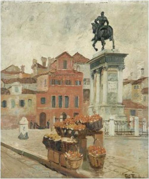 La Statue Du Colleone, Venise Oil Painting by Fritz Thaulow