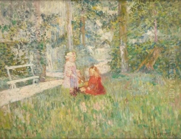 Deux Jeunes Filles Dans Un Parc Ensoleille Oil Painting by Louis Thevenet