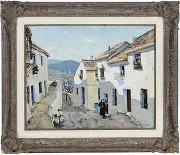 Villagers On The Street In Mijas, Spain Oil Painting by Anthony Thieme