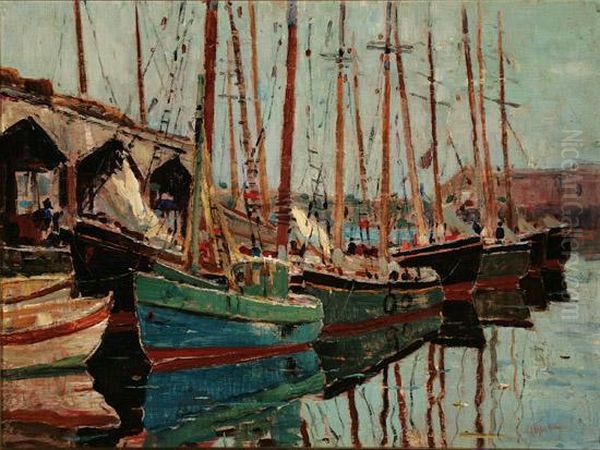 Harbor Scene With Docked Sailboats Oil Painting by Anthony Thieme